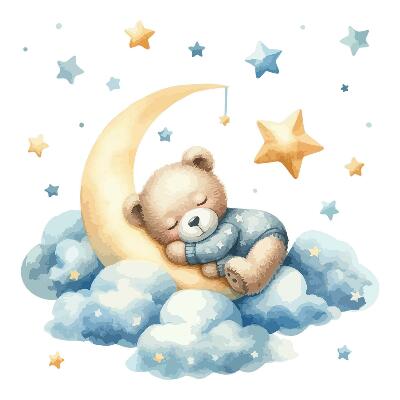 Autocollant mural 130x124 Ours mignon sur la lune dans les nuages et les étoiles