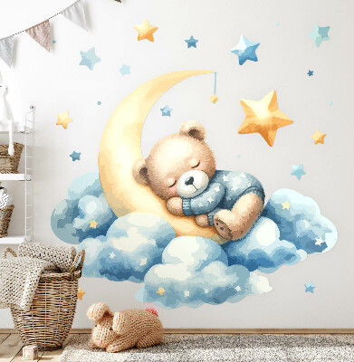 Autocollant mural 130x124 Ours mignon sur la lune dans les nuages et les étoiles