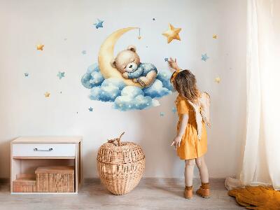 Autocollant mural 130x124 Ours mignon sur la lune dans les nuages et les étoiles