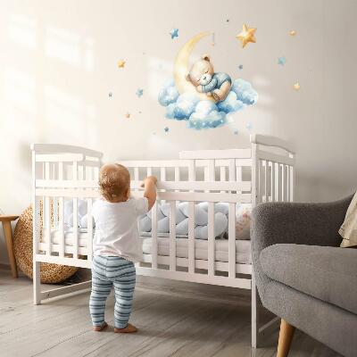 Autocollant mural 130x124 Ours mignon sur la lune dans les nuages et les étoiles