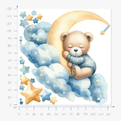 Autocollant mural 130x124 Ours mignon sur la lune dans les nuages et les étoiles