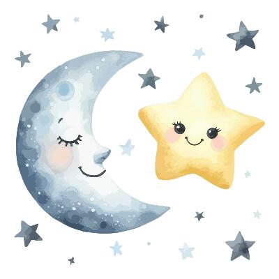 Autocollant mural 130x225 Lune et étoile dans un style aquarelle nocturne