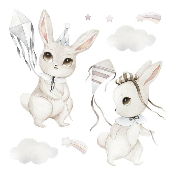 Autocollant mural 130x186 Lapins avec des cerfs-volants dans un style bohème pastel