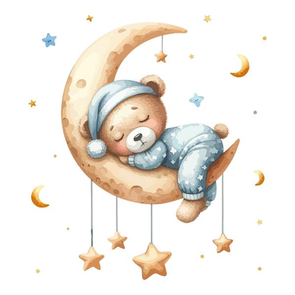 Autocollant mural 130x171 Ours en peluche endormi sur la lune dans un espace pastel