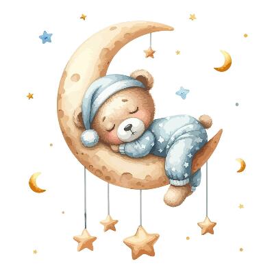 Autocollant mural 130x171 Ours en peluche endormi sur la lune dans un espace pastel