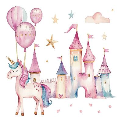 Autocollant mural 130x178 Château de licorne dans un style aquarelle pastel