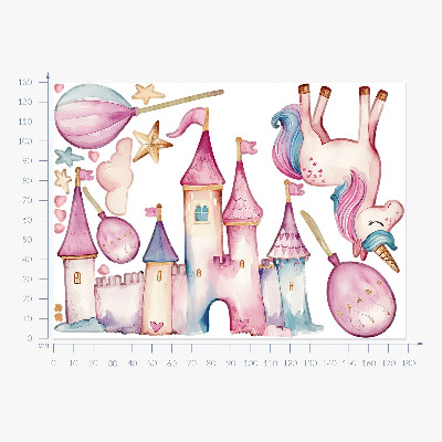 Autocollant mural 130x178 Château de licorne dans un style aquarelle pastel