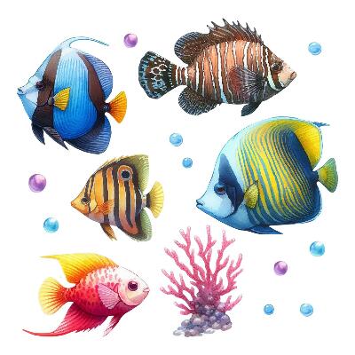 Autocollant mural 130x198 Le monde sous-marin des poissons aquarelles colorés