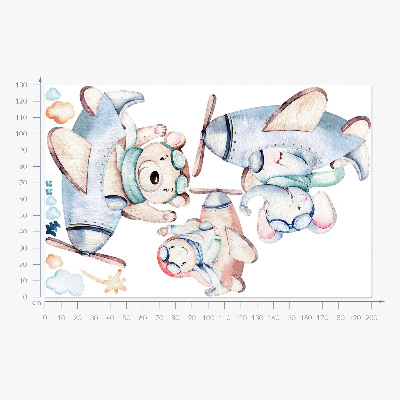 Autocollant mural 130x200 Ours en peluche éléphant et garçon dans des avions pastel