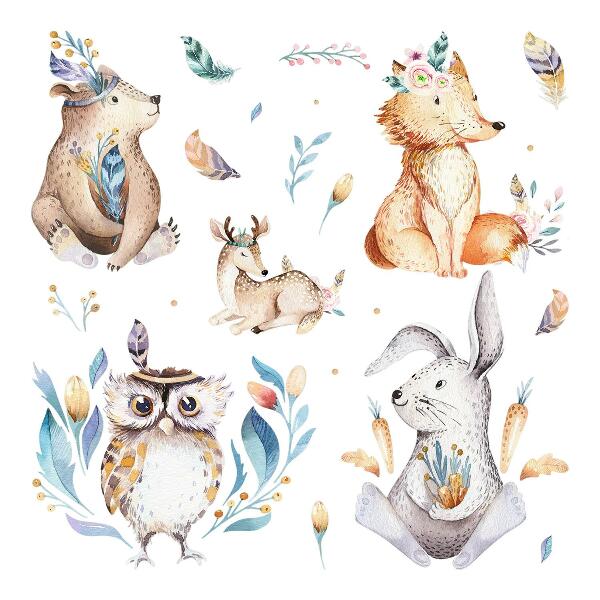 Autocollant mural 130x156 Animaux de la forêt aux couleurs pastel dans un style bohème