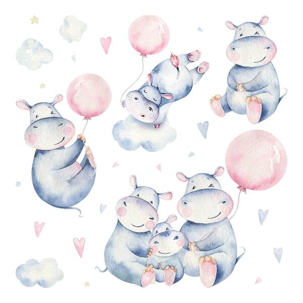 Autocollant mural 130x220 Famille d'hippopotames avec des ballons et des nuages pastel