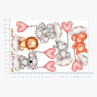 Autocollant mural 130x195 Animaux mignons sur des nuages avec des ballons pastel