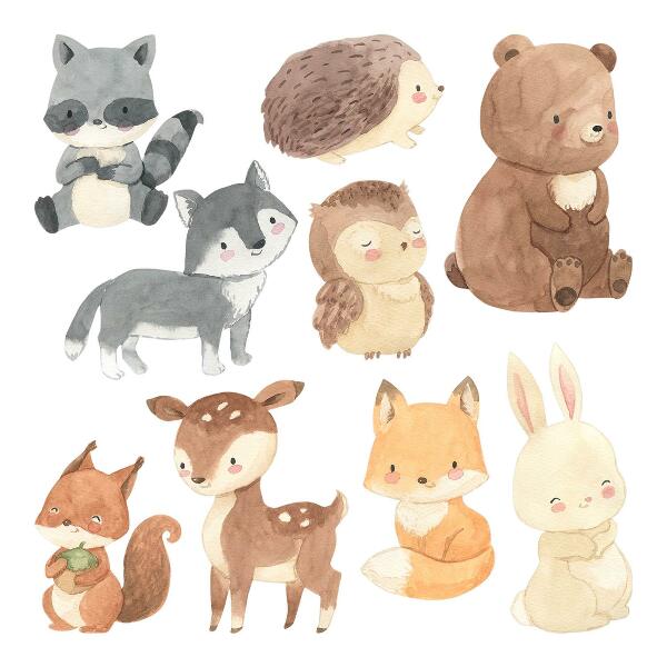 Autocollant mural 130x226 Créatures de la forêt au pastel dans un style aquarelle