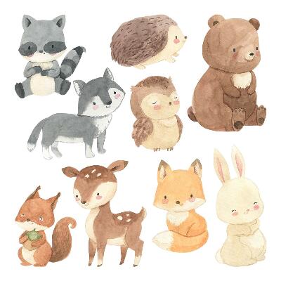 Autocollant mural 130x226 Créatures de la forêt au pastel dans un style aquarelle