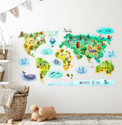 Autocollant mural 130x203 Carte du monde colorée avec continents et nature