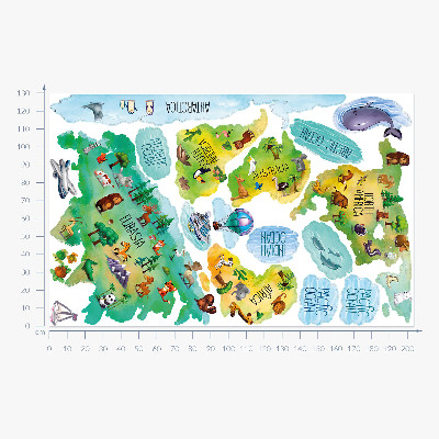 Autocollant mural 130x203 Carte du monde colorée avec continents et nature