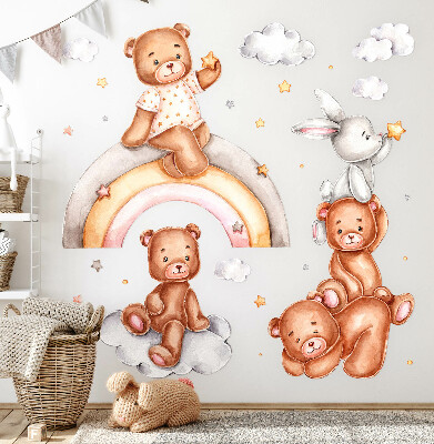 Autocollant mural 130x188 Des ours en peluche et un lapin dans un arc-en-ciel pastel et des nuages