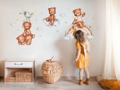 Autocollant mural 130x188 Des ours en peluche et un lapin dans un arc-en-ciel pastel et des nuages