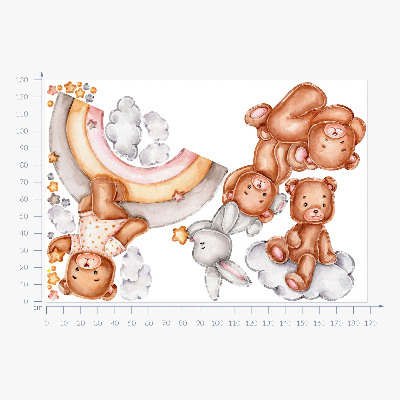 Autocollant mural 130x188 Des ours en peluche et un lapin dans un arc-en-ciel pastel et des nuages