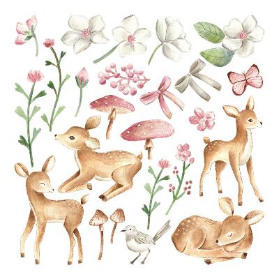 Autocollant mural 130x192 Animaux de la forêt à l'aquarelle pastel avec des cerfs