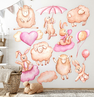 Autocollant mural 130x208 Nuages pastel avec moutons et lapins