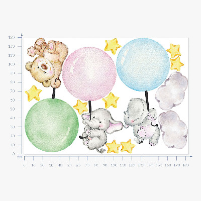 Autocollant mural 130x183 Petits animaux avec des ballons aux couleurs pastel