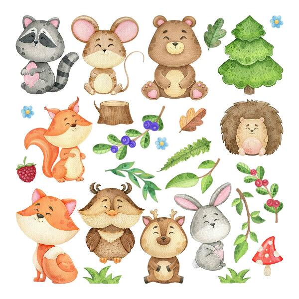 Autocollant mural 130x139 Animaux et plantes de la forêt dans un style aquarelle