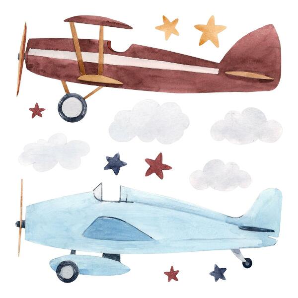 Autocollant mural 130x161 Deux avions dans des nuages aquarelles pastel