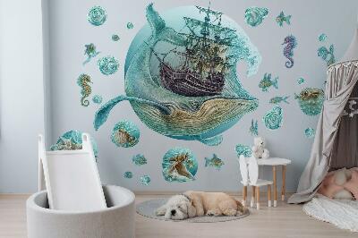 Autocollant mural 130x153 Royaume sous-marin avec un navire de dessin animé