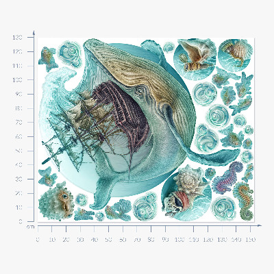 Autocollant mural 130x153 Royaume sous-marin avec un navire de dessin animé