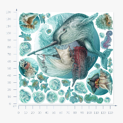 Autocollant mural 130x134 Un monde marin de conte de fées avec des animaux de dessins animés