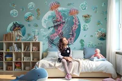 Autocollant mural 130x134 Un conte de fées sous-marin avec des méduses aux couleurs pastel