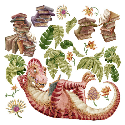 Autocollant mural 130x194 Dinosaure rouge avec des dessins et des fleurs