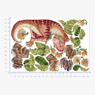 Autocollant mural 130x194 Dinosaure rouge avec des dessins et des fleurs
