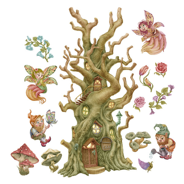 Autocollant mural 130x172 Créatures féeriques de la forêt et maison pastel