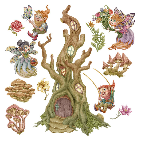 Autocollant mural 130x135 Créatures de la forêt et cabane dans les arbres aux couleurs pastel
