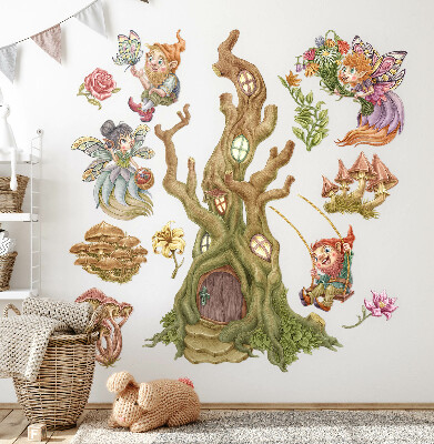 Autocollant mural 130x135 Créatures de la forêt et cabane dans les arbres aux couleurs pastel