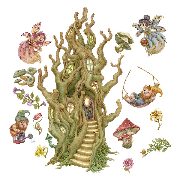 Autocollant mural 130x173 Créatures de la forêt et cabanes dans les arbres aux couleurs pastel