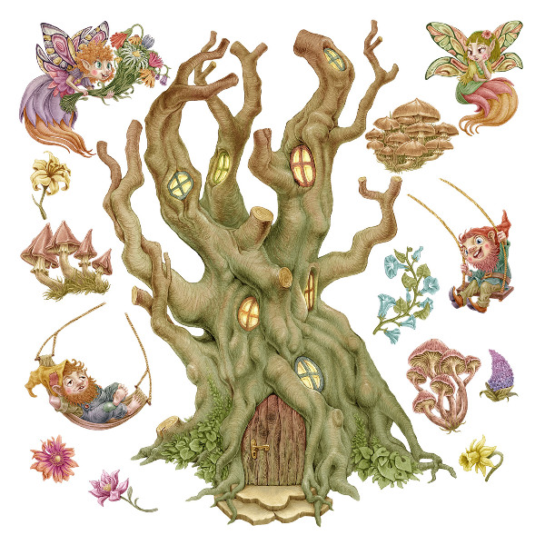 Autocollant mural 130x209 Magie de la forêt : des gnomes féeriques et une maison pastel