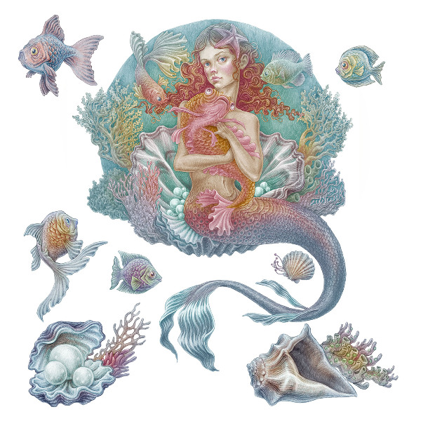 Autocollant mural 130x129 Sirène dans un style sous-marin pastel