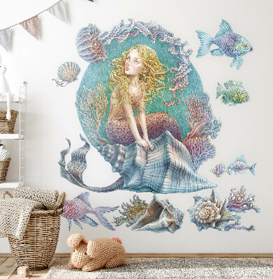 Autocollant mural 130x115 Sirène dans un monde sous-marin pastel
