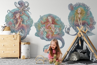 Autocollant mural 130x166 Contes de fées sous-marins avec des petites sirènes aux couleurs pastel