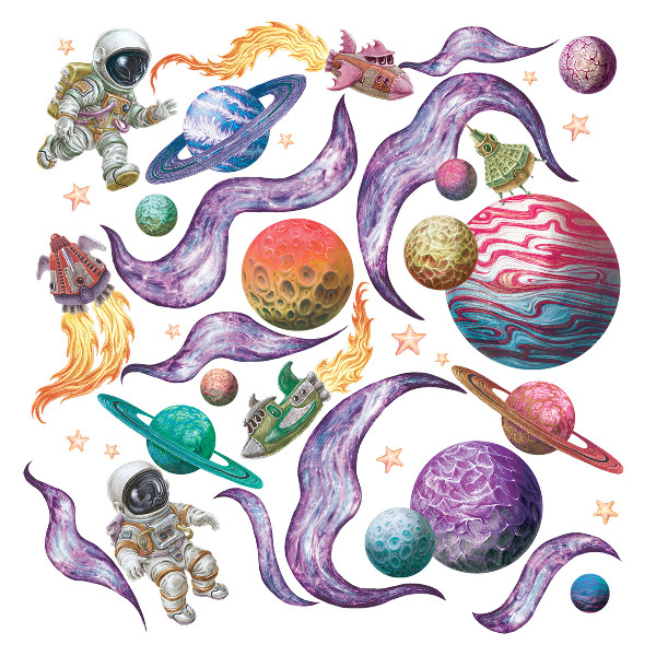 Autocollant mural 130x200 Aventures spatiales de fusées et de planètes aux pastels