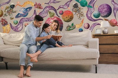 Autocollant mural 130x200 Aventures spatiales de fusées et de planètes aux pastels