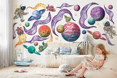 Autocollant mural 130x200 Aventures spatiales de fusées et de planètes aux pastels