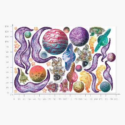 Autocollant mural 130x200 Aventures spatiales de fusées et de planètes aux pastels