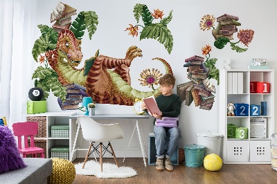 Autocollant mural 60x90 Dinosaure rouge avec dessins et végétation