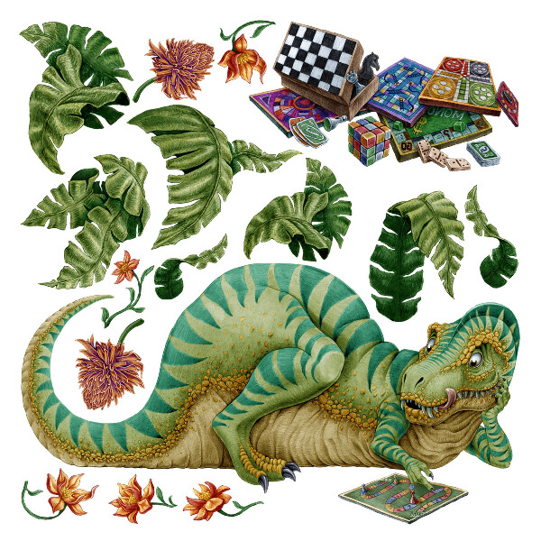 Autocollant mural 60x76 Un dinosaure dans un style dessin animé avec des feuilles et des fleurs