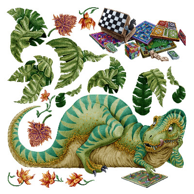 Autocollant mural 60x76 Un dinosaure dans un style dessin animé avec des feuilles et des fleurs