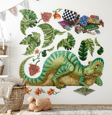 Autocollant mural 60x76 Un dinosaure dans un style dessin animé avec des feuilles et des fleurs